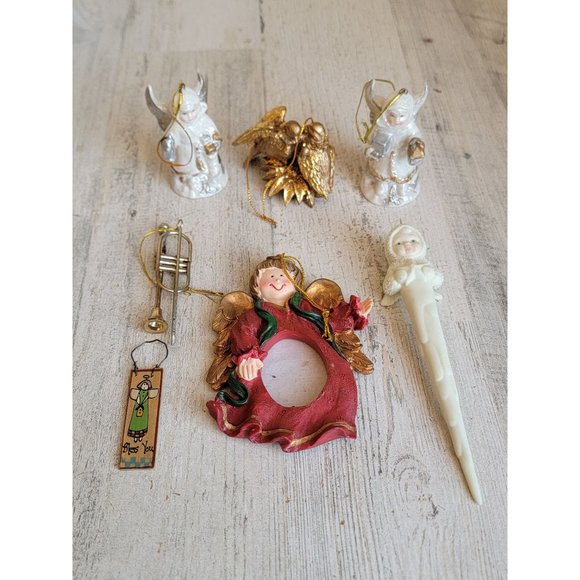 Angel horn trumpet rustic ornament Xmas set religious frame - Picture 1 of 8